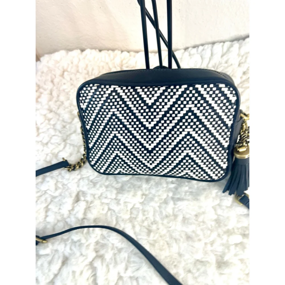 Michael Kors Woven Chevron Leather Camera Bag Navy Blue and Gold hardware
